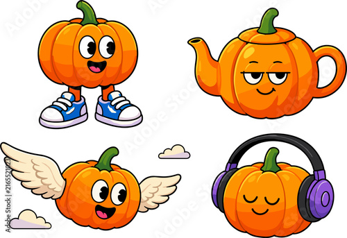 Set of four cartoon pumpkins with faces and legs, wearing shoes, wings, and headphones, pixel art style, isolated on white