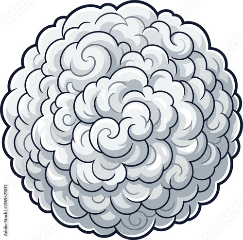 A round, fluffy cloud shape rendered in white and gray pixel art. It features swirling lines resembling mist or smoke, forming an abstract graphic element.