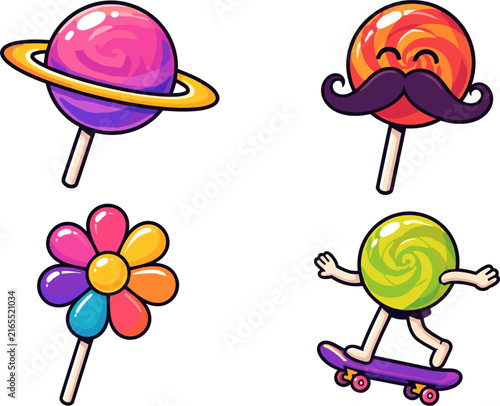 Collection of four colorful pixel art lollipops with unique designs: a planet, a smiling face with a mustache, a flower, and a character skateboarding. Isolated on a white background.