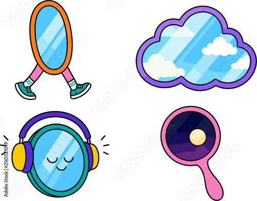 Set of four pixel art mirrors, one walking, one cloud-shaped, one with headphones, and one with a night sky reflection