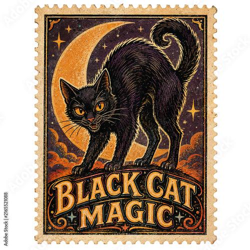 Arched Frightened Cat With Glowing Eyes Under Crescent Moon and Stars on Postage Stamp