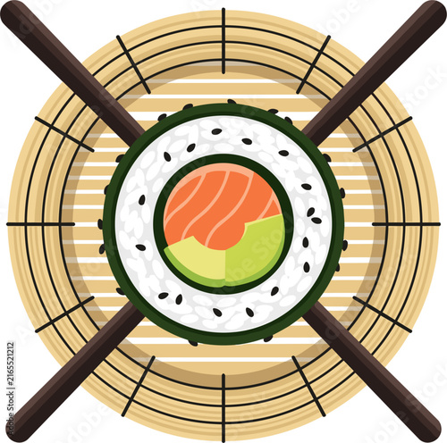 A single sushi roll with visible salmon and avocado filling, placed on a mat. Chopsticks are arranged in an X shape over the mat. Top view illustration.