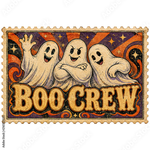 Vintage Halloween stamp with three friendly cartoon Boo Crew ghosts illustration.