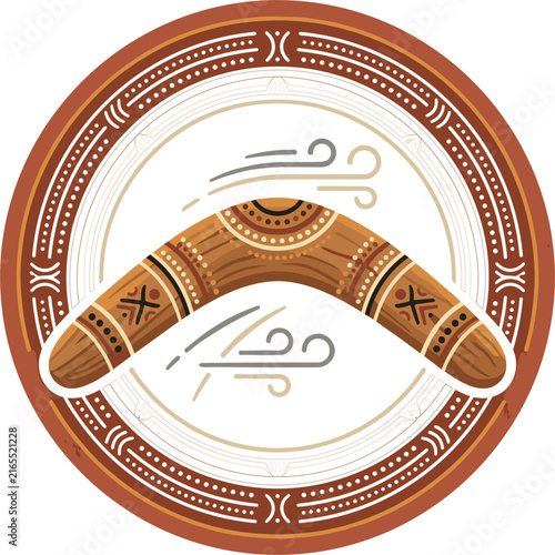 Circular emblem featuring a detailed Indigenous boomerang. Decorated with traditional dot art and surrounded by wind symbols and tribal patterns. Represents Australian indigenous culture and heritage.