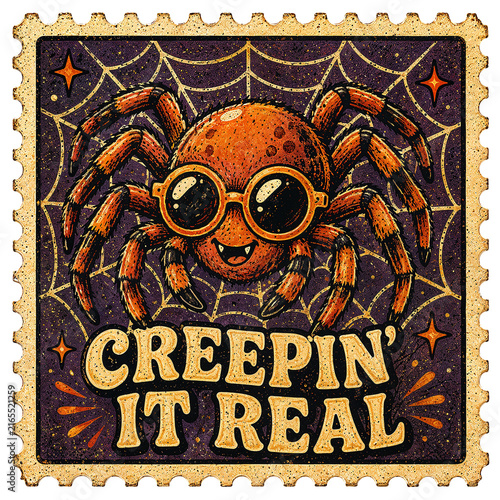 Vintage Funny Spider Wearing Sunglasses on Spiderweb with Creepin It Real Text Illustration Stamp