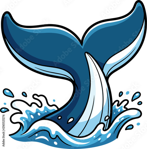 Cartoon illustration of a whale's tail fluke diving into splashing ocean waves. Blue hues dominate, with white accents on the fluke and foam. Represents sea life and marine animals.