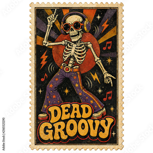 Dancing skeleton with headphones, sunglasses on groovy vintage stamp.