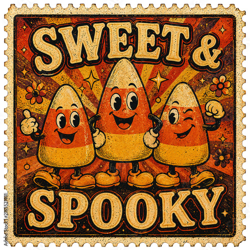 Three Anthropomorphic Candy Corn Characters on Halloween Postage Stamp with Text