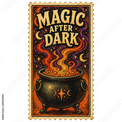Mystical Bubbling Cauldron Emitting Swirling Magic Smoke Under Stars on Postage Stamp