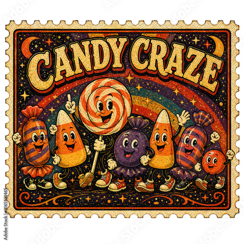 Vintage Halloween stamp with CANDY CRAZE text and a fun sweet scene.