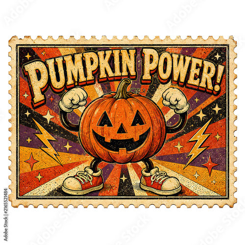 Retro Halloween stamp with PUMPKIN POWER text and a mighty pumpkin.