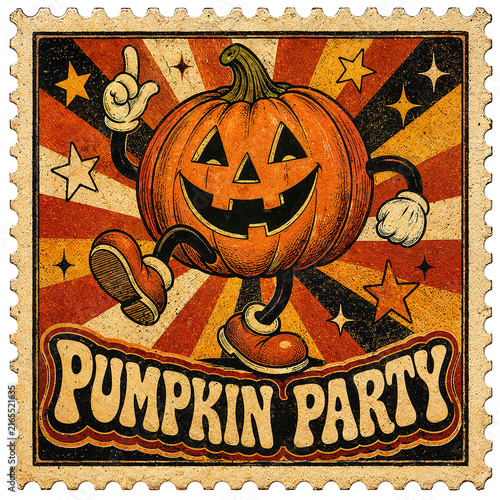 Happy Cartoon Pumpkin Jack O Lantern Character Walking on Festive Postage Stamp