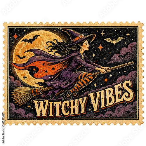 Flying Witch on Broomstick Under Full Moon with Bats on Halloween Postage Stamp