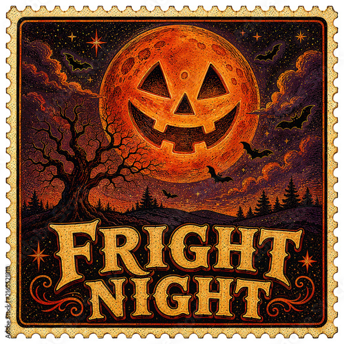Jack-o'-lantern Moon Over Spooky Bare Tree Landscape on Halloween Postage Stamp