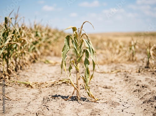 Drought-stricken Cornfield: A lone, withered corn stalk stands brittle in a parched, cracked earth field under a clear blue sky, symbolizing agricultural hardship and environmental distress.