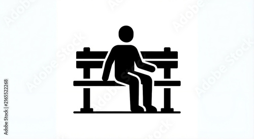 Flat black pictogram of a simple public bench with a minimal human figure sitting comfortably