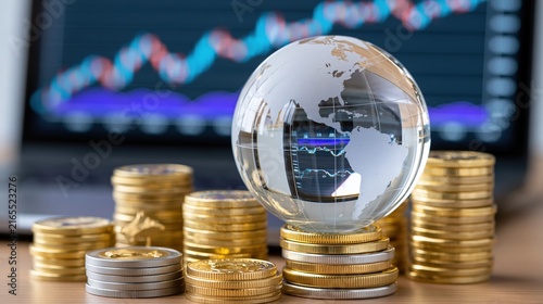 Crystal globe rests atop stacks of coins with a  market graph in the background.
