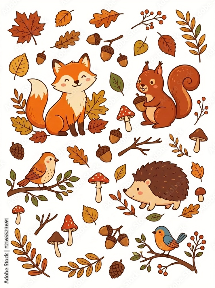 Fototapeta premium Cute Autumn Woodland Animals with Fox, Squirrel, Hedgehog and Birds Clipart