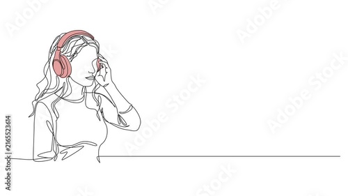 animated continuous line drawing of young woman wearing headphones listening to music, podcast or audio book, line art animation