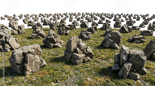Vue panoramique d'un champ d'herbe verte parsemé de nombreux petits tas de rochers gris texturés, créant un motif répétitif sur un fond blanc isolé pour une utilisation créative.