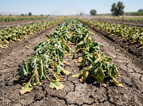 Wilting Crops in Arid Field: Rows of drought-stricken crops wilt under a clear sky, their leaves drooping in cracked, dry earth, highlighting the harsh reality of water scarcity in agriculture.