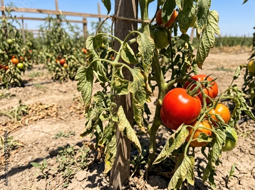 Drought-stricken Tomato Plant: A ripe tomato plant, showing signs of wilting due to severe drought, with red and green tomatoes clinging to its branches in a parched field.