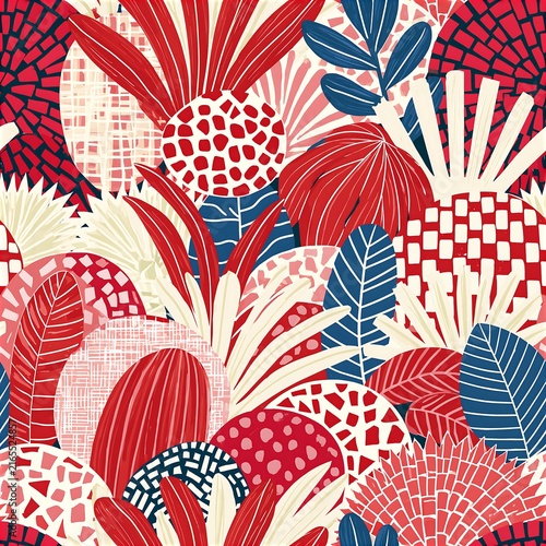 Bold botanical seamless pattern featuring abstract shapes