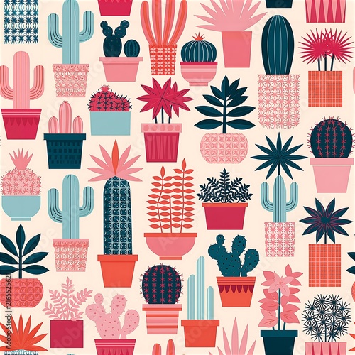 Colorful cactus pattern with various plants and pots for design