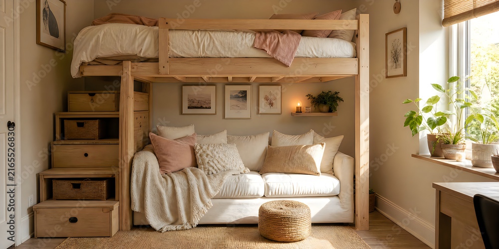 Fototapeta premium Loft bed student apartment with sofa and storage creating multi-functional living and sleeping area.