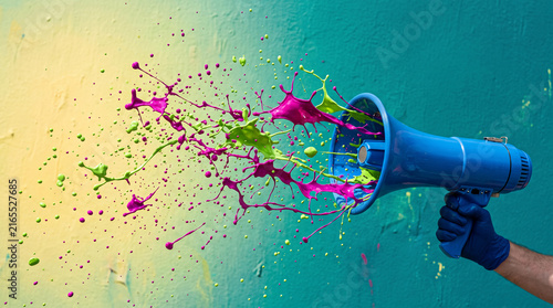 Blue megaphone expelling vibrant pink and green paint splashes against a textured yellow and teal wall, symbolizing bold communication and creative expression