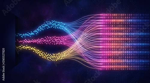 Digital data stream merging into binary code visualization