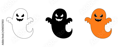 Canvastavla Set of cute ghost stickers with evil expressions in outline black and orange color styles isolated on transparent background