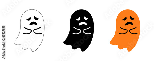 Foto Series of sad ghost stickers with shy expressions in outline black and orange color modes isolated on transparent background