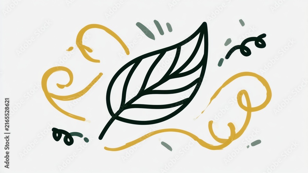 Obraz premium A simple doodle shows a single leaf with squiggle accents on a blank background. This drawing is suitable for note-taking or sketching.
