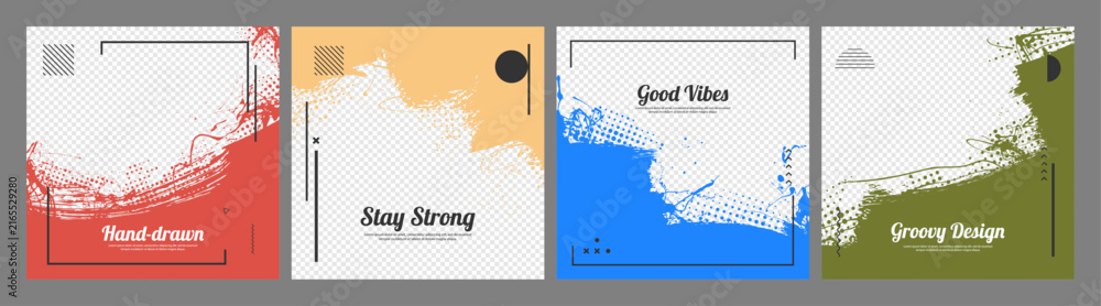Naklejka premium Vector illustration. Grunge texture background with paint splashes, halftone dots and geometric frame. Trendy modern brush stroke design elements for social media banners, blog post, web template