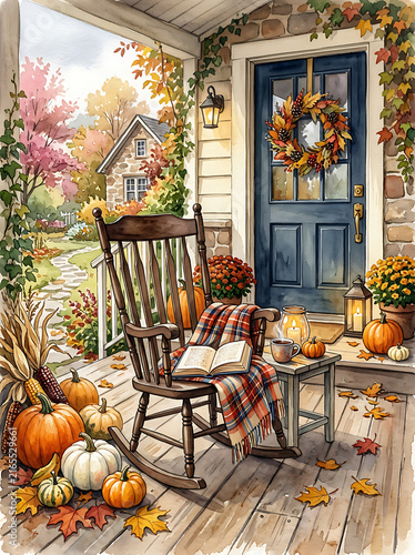 Charming Autumn Patio With Pumpkins Flowers and Cafe Table