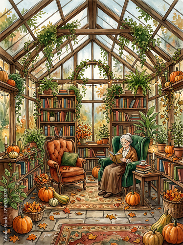 Cozy Autumn Greenhouse Filled With Pumpkins and Plants