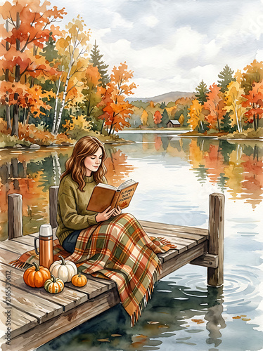 Peaceful Autumn Lakeside Dock With Pumpkins and Fall Trees