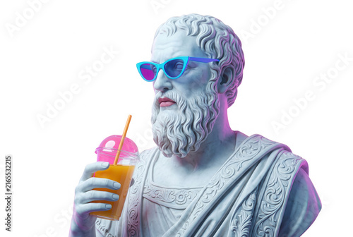 Buste en pierre d'un philosophe grec antique portant des lunettes de soleil modernes et tenant un gobelet de jus d'orange avec une paille sur un fond blanc isolé