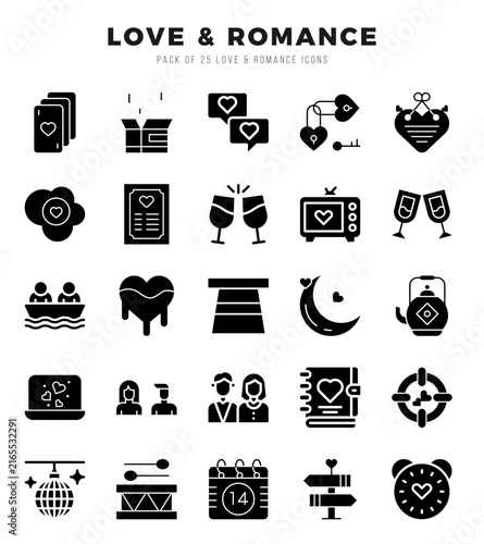Love & Romance Icons Pack Glyph Style. Vector illustration.