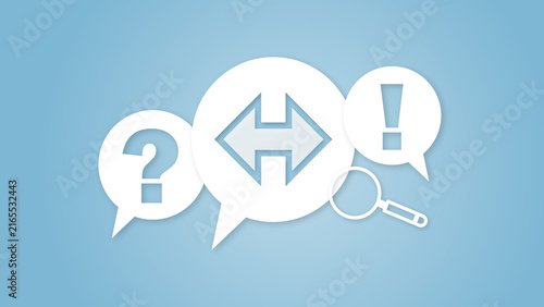 A conceptual composition featuring speech bubbles with a question mark, an exclamation point, and a double-sided arrow icon for faq, analysis, decision making, and information exchange.