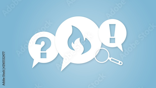 Quadro su tela This conceptual illustration features speech bubbles with a fire symbol, a question mark, and an exclamation point, complemented by a magnifying glass, ideal for effective faq support