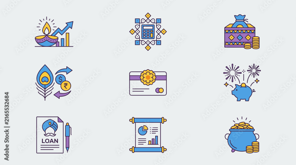 Fototapeta premium Diwali themed finance icon set with money bag, coins, piggy bank, loan document, and analytics scroll