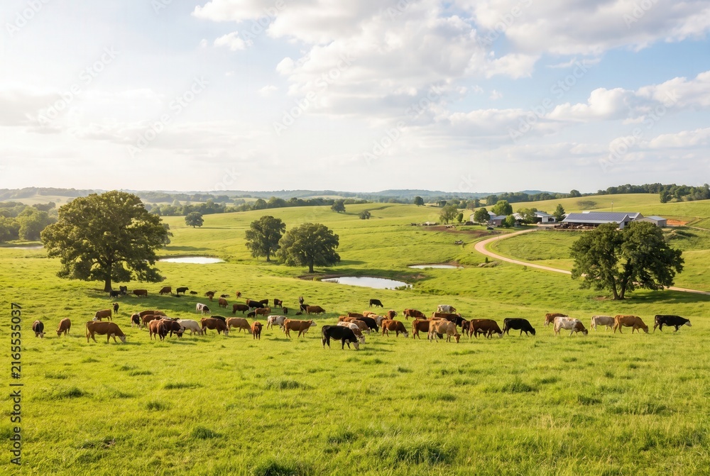 Fototapeta premium Herd of cattle grazing on lush green pasture with trees and ponds under a bright sky, rural landscape with farm buildings visible in the distance