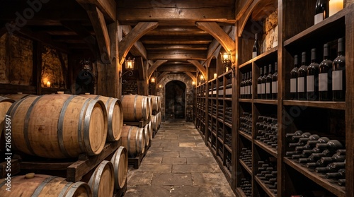 Sophisticated wine cellar with large traditional wooden wine barrels and rows of elegant unbranded wine bottles, dark oak architecture, warm amber lighting, atmospheric shadows, premium winery aesthet