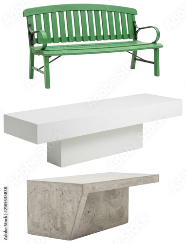 Fotografie A set of three contemporary benches in wood, concrete, and white minimalist forms