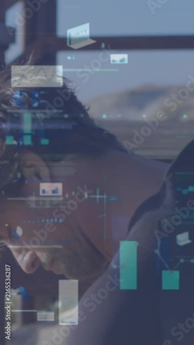 Animation of digital data processing over caucasian surfer
