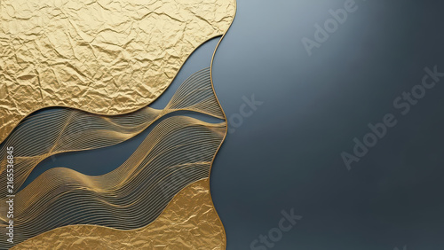 Abstract gold and blue wave design with textured metallic background.