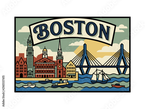 Architectural cityscape of Boston featuring colonial buildings and cable-stayed bridge over water
