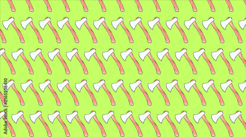 Fototapeta premium Hand Drawn Scanned Cartoon Axe Seamless Pattern with Pink Handles on Light Green Background 8K Surface Design Texture Wallpaper Construction Tools